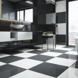 Nowoczesna łazienka z czarno-białą szachownicą na podłodze i ścianach, srebrna umywalka, biała szafka pod umywalką i wolnostojąca wanna przy oknie z widokiem na miasto.