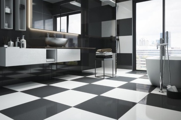 Nowoczesna łazienka z czarno-białą szachownicą na podłodze i ścianach, srebrna umywalka, biała szafka pod umywalką i wolnostojąca wanna przy oknie z widokiem na miasto.