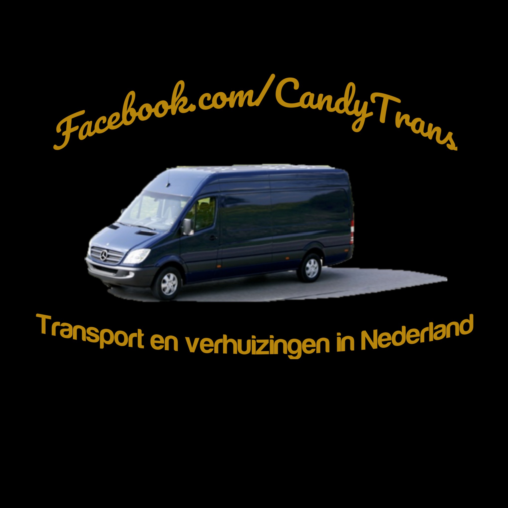 Grafika reklamowa: granatowy bus transportowy z napisem 'Facebook.com/CandyTrans' oraz 'Transport en verhuizingen in Nederland'.