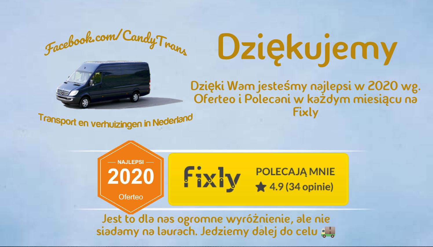 Grafika reklamowa firmy transportowej CandyTrans z Facebooka, z nagrodą Oferteo Najlepsi 2020, informacją o poleceniach na Fixly i tekstem 'Dziękujemy. Dzięki Wam jesteśmy najlepsi w 2020 wg.
