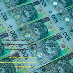 Układ banknotów 100 zł z wizerunkiem Władysława Jagiełły, widoczne numery seryjne i znaki wodne, częściowo zasłonięte napisy 'Pożyczka, pieniądze, inwestycje' oraz adres email louisa.emmanula@gmail...