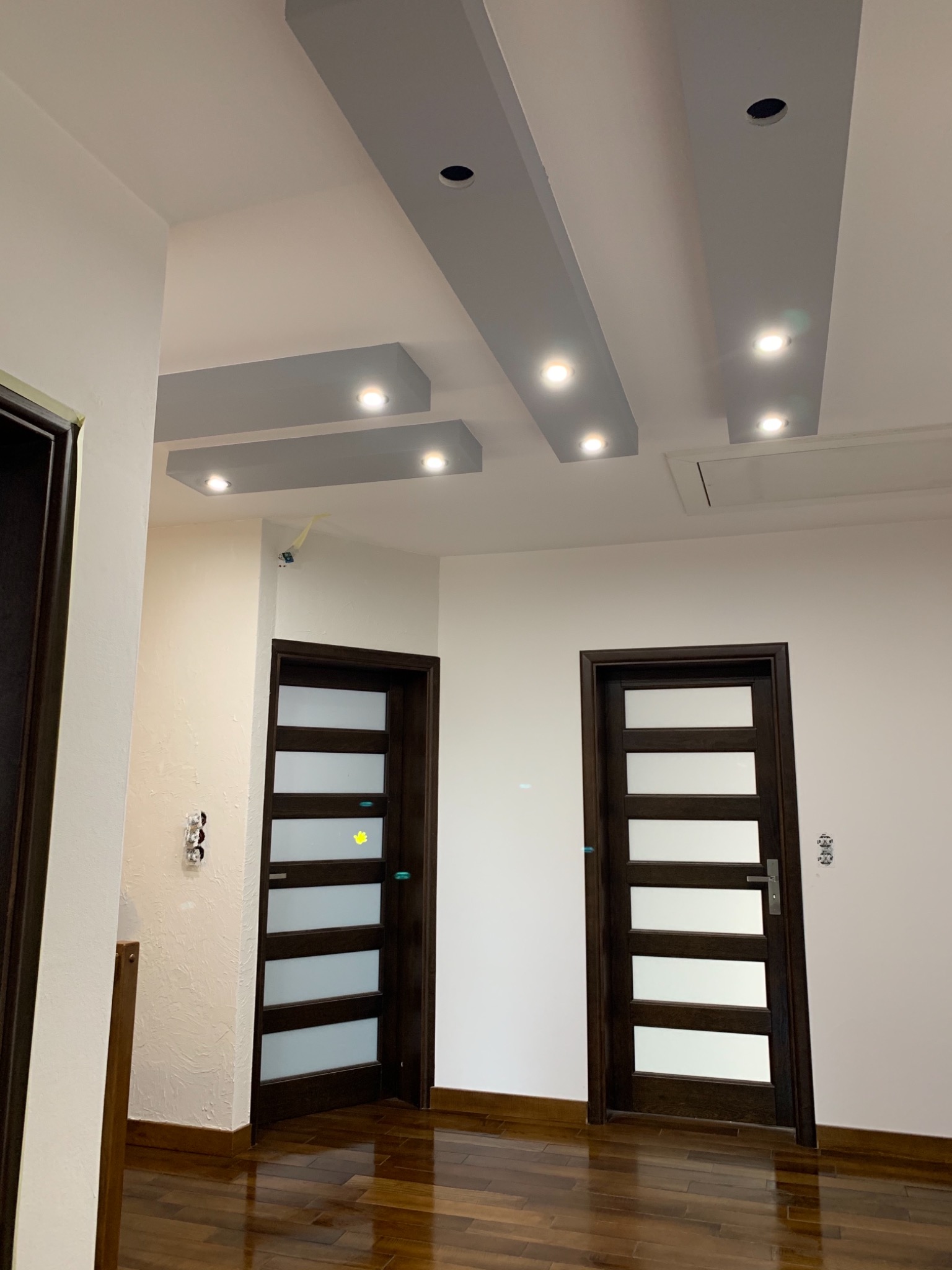 Dwa ciemne, nowoczesne drzwi wewnętrzne z przeszkleniami, zamontowane w białym pomieszczeniu z drewnianą podłogą i podwieszanym sufitem z oświetleniem punktowym.