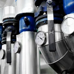 Rząd rur instalacji grzewczej, każda wyposażona w zawór z czarną dźwignią i okrągły manometr wskazujący ciśnienie, całość w srebrnych i niebieskich odcieniach.