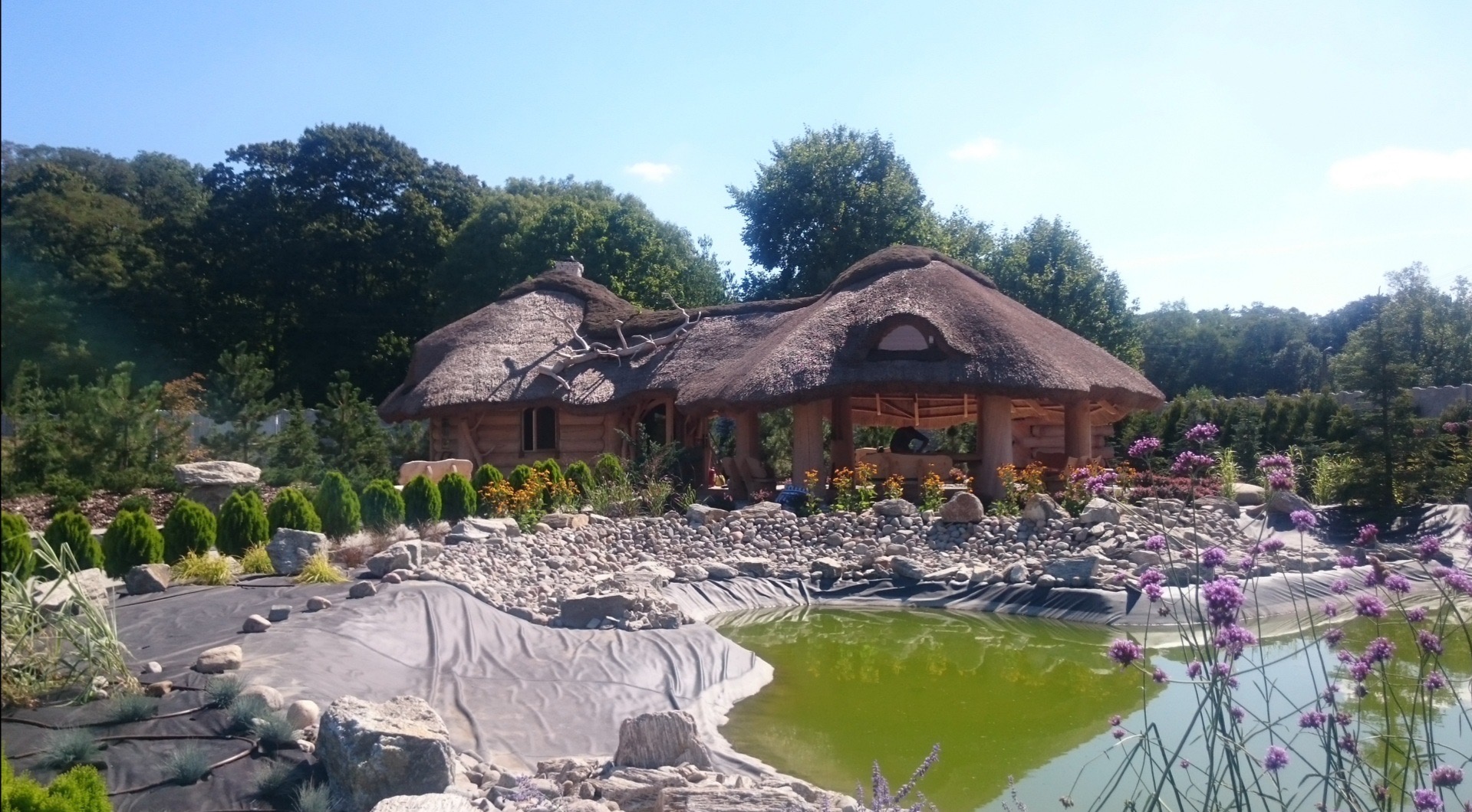 Drewniany domek z trzcinowym dachem i otwartą przestrzenią, otoczony ogrodem skalnym i oczkiem wodnym z zieloną wodą, w tle drzewa.