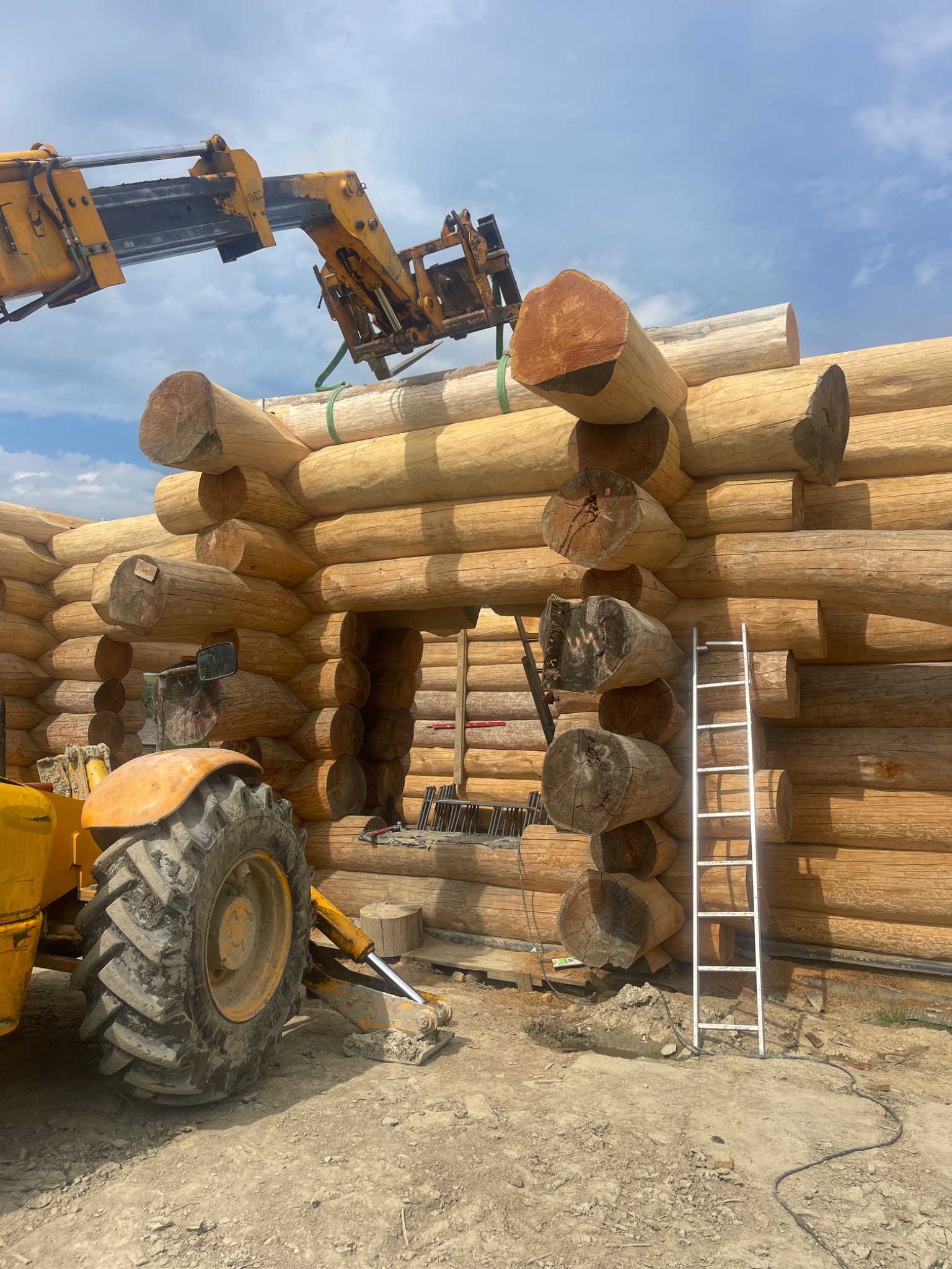 Żuraw montuje kolejny drewniany bal na ścianie wznoszonego domu z bali, widoczna drabina oparta o ścianę i fragment ziemi.