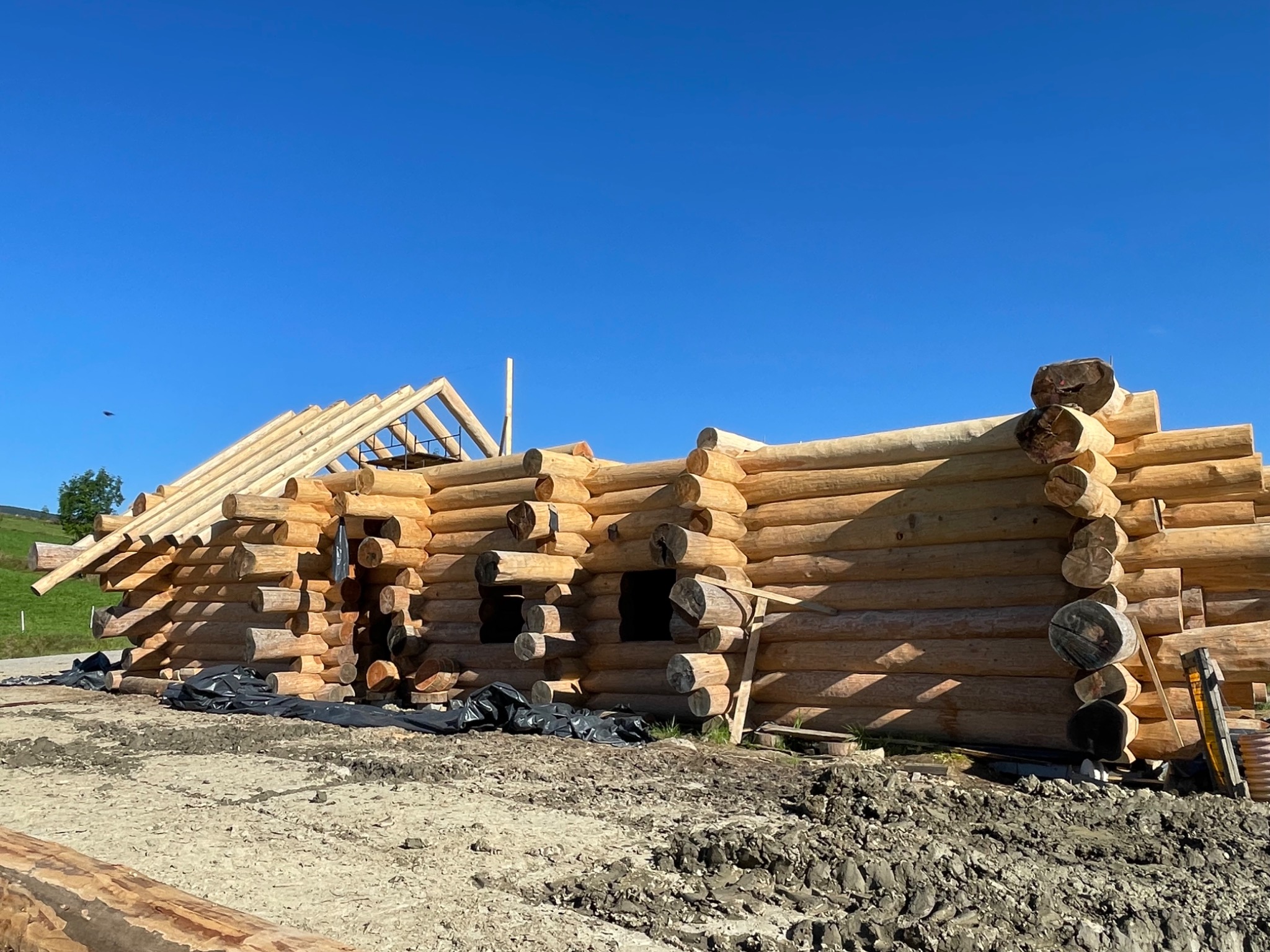 Wznoszenie konstrukcji z bali: surowe bale ułożone warstwami, widoczny szkielet dachu, teren budowy z folią ochronną i niebieskie niebo w tle.