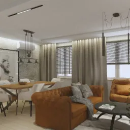 Wizualizacja salonu z jadalnią: brązowa sofa Chesterfield, drewniany stół z białymi krzesłami, szara ściana z plakatem portretowym, okna z żaluzjami i zasłonami, oraz rośliny doniczkowe.