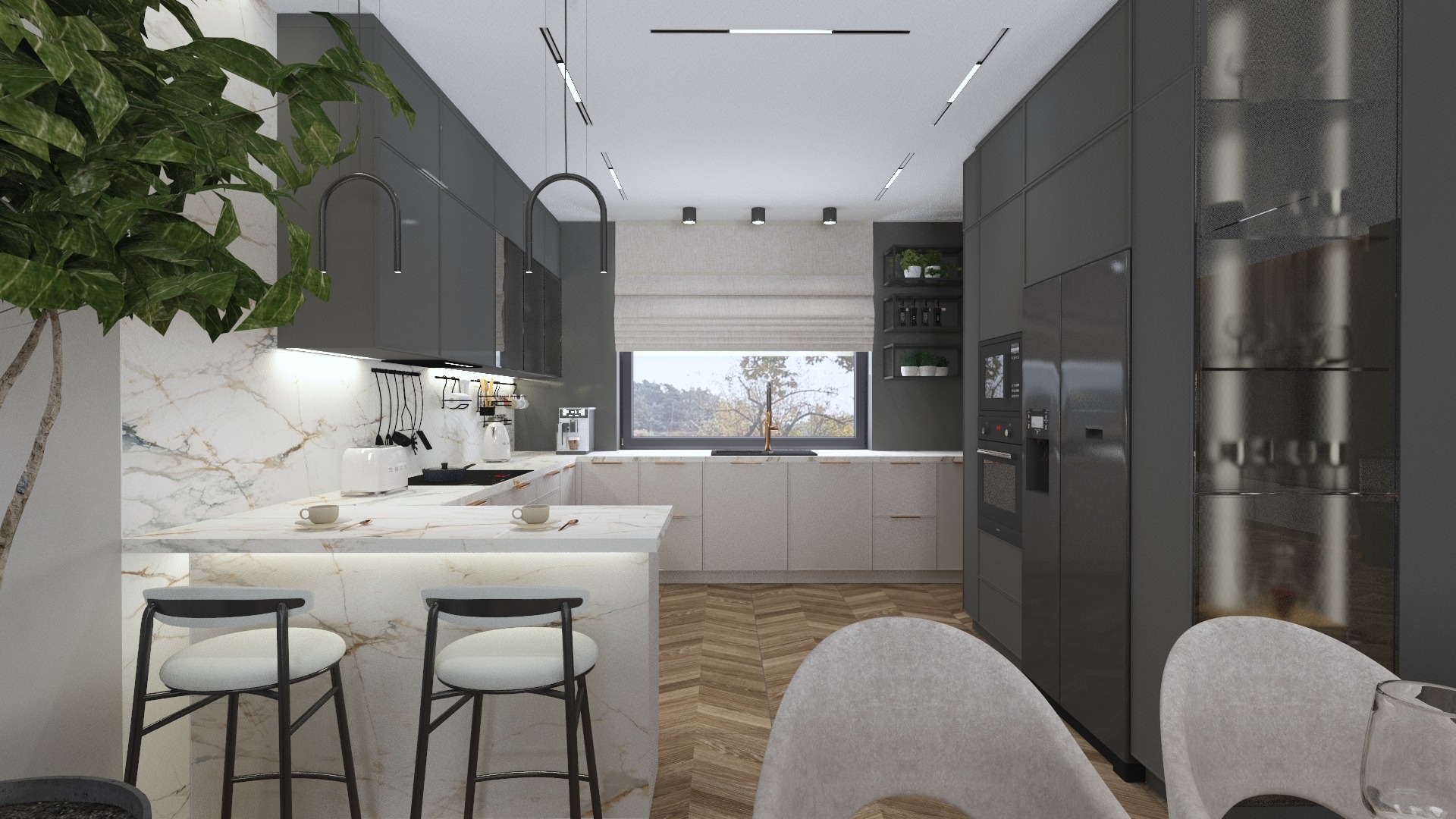 Nowoczesna kuchnia z wyspą wykończoną marmurem, hokerami i minimalistycznym oświetleniem, uzupełniona zieloną rośliną w rogu.