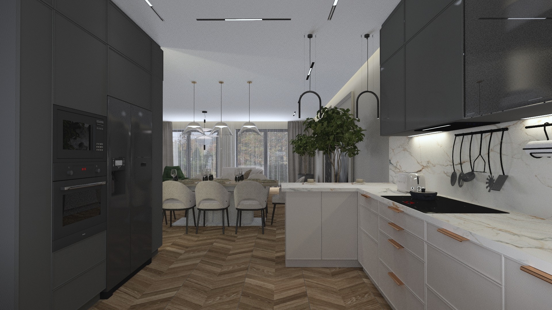 Nowoczesna kuchnia z szarymi szafkami, marmurowym blatem i drewnianą podłogą w jodełkę; w tle widoczna jadalnia z krzesłami obitymi jasną tkaniną.