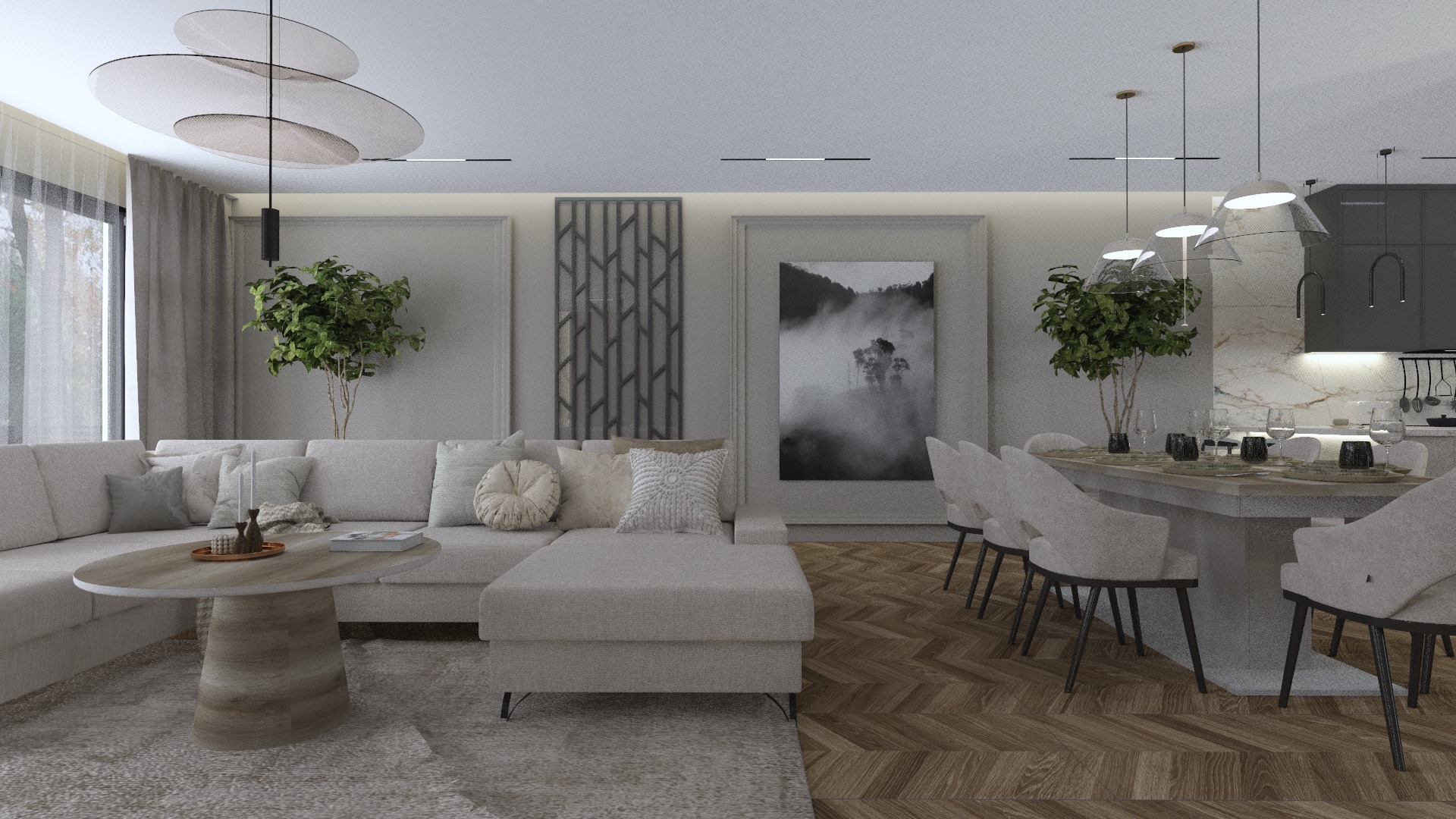 Jasne wnętrze: salon z narożną sofą, okrągłym stolikiem kawowym i jadalnia z marmurową ścianą, oświetlone nowoczesnymi lampami wiszącymi i sufitowymi.