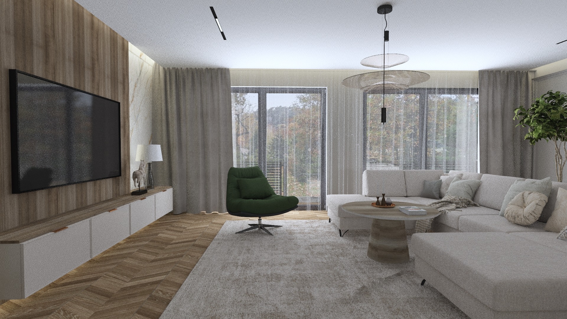 Nowoczesny salon z drewnianą ścianą za telewizorem, szarą sofą narożną, zielonym fotelem obrotowym, okrągłym stolikiem kawowym i dużymi oknami z widokiem na drzewa.