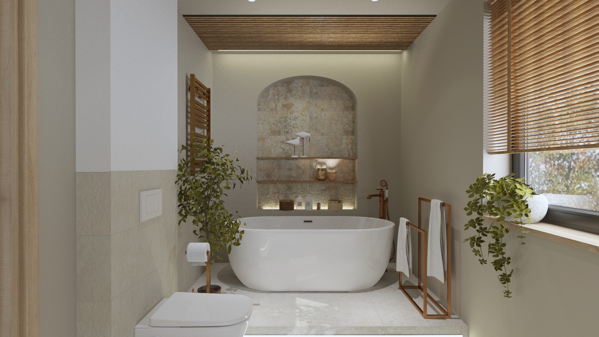 Nowoczesna łazienka z wolnostojącą białą wanną, drewnianymi żaluzjami i elementami dekoracyjnymi w odcieniach beżu i brązu, oświetlona ciepłym światłem.