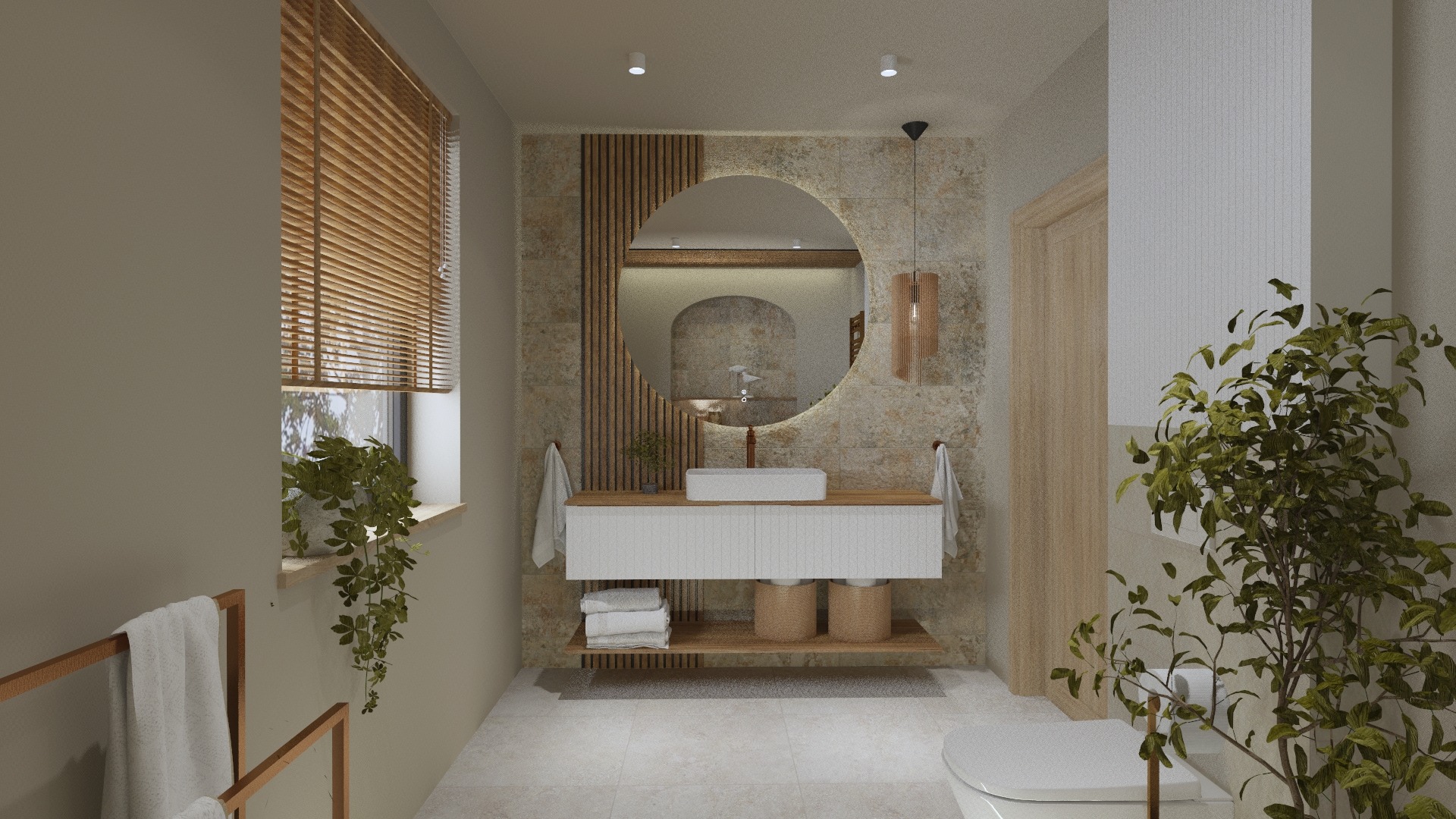 Nowoczesna łazienka z okrągłym lustrem podświetlanym LED, wiszącą szafką z umywalką, drewnianymi akcentami i roślinami doniczkowymi przy oknie i toalecie.