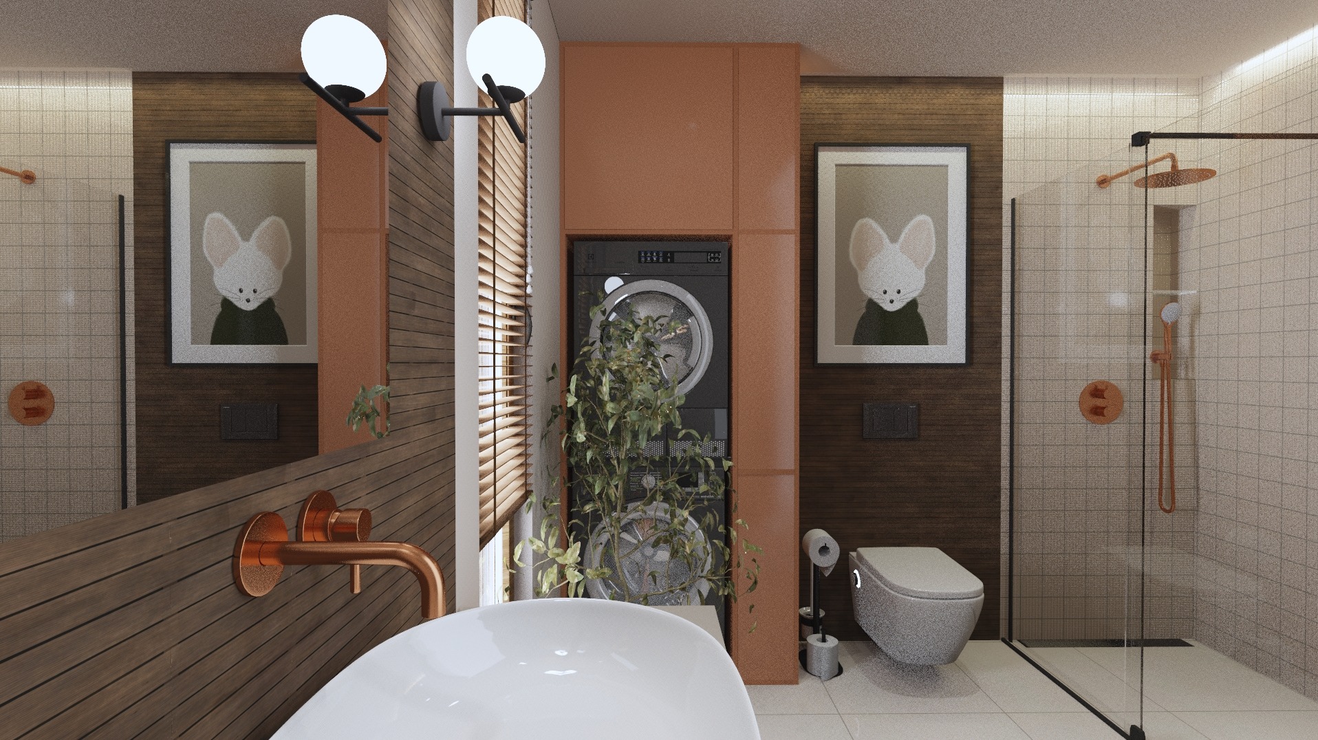 Nowoczesna łazienka z drewnianymi akcentami, umywalką na pierwszym planie, pralką i suszarką w zabudowie, dekoracyjną rośliną, prysznicem ze szklaną ścianką oraz grafikami na ścianach.