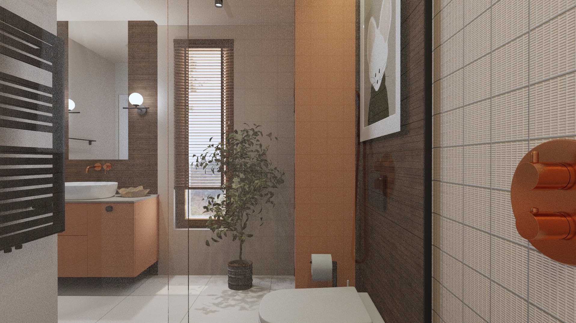 Wizualizacja łazienki z beżowymi płytkami, miedzianą armaturą, toaletą, umywalką na szafce w kolorze terakoty, grzejnikiem drabinkowym oraz rośliną doniczkową przy oknie.