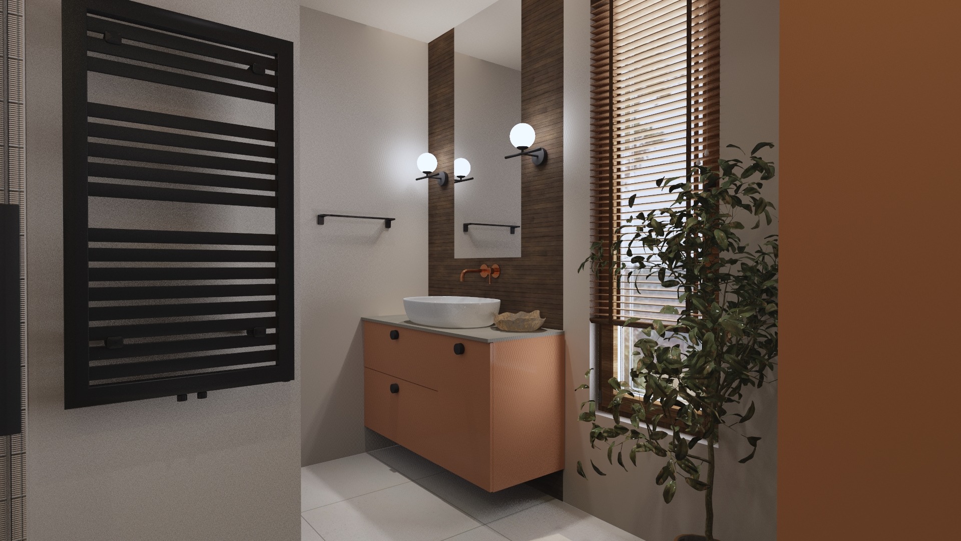 Nowoczesna łazienka z umywalką nablatową, szafką w kolorze terakoty, lustrem z podświetleniem, grzejnikiem drabinkowym i rośliną doniczkową przy oknie z żaluzjami.