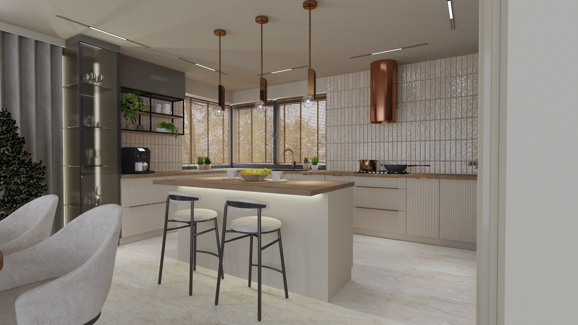 Wizualizacja nowoczesnej kuchni z wyspą, jasnymi frontami szafek z pionowymi żłobieniami, miedzianym okapem i wiszącymi lampami, oraz drewnianymi żaluzjami w oknach.