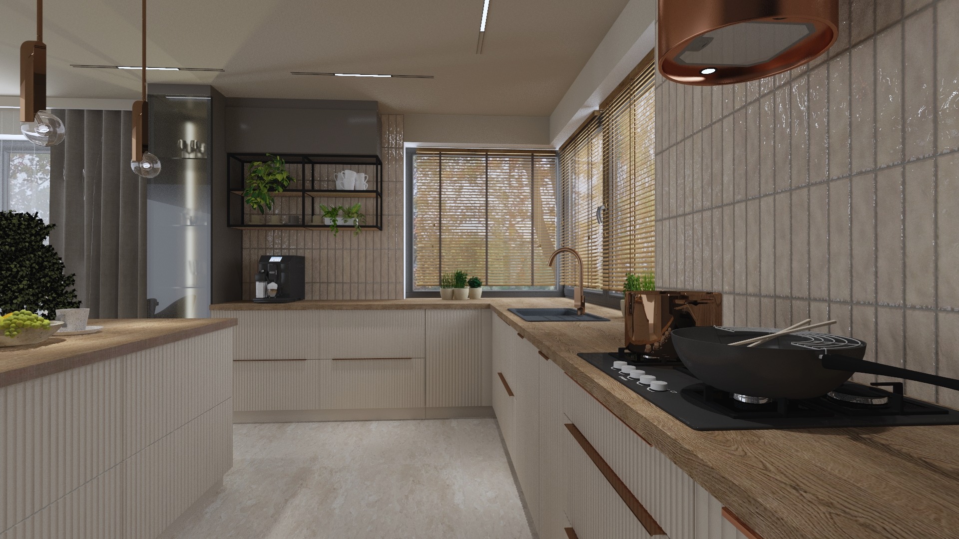 Wizualizacja nowoczesnej kuchni z ryflowanymi frontami szafek w odcieniach beżu, drewniany blat, miedziane akcenty, wok na płycie indukcyjnej, ekspres do kawy i rośliny doniczkowe.