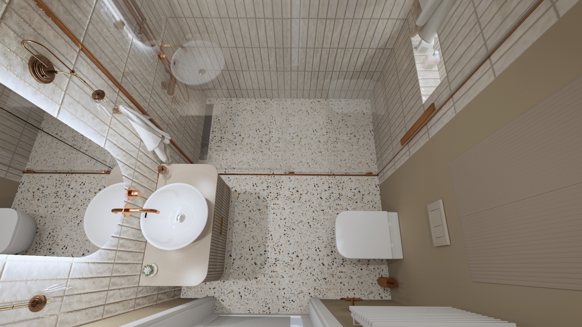Widok z góry na nowoczesną łazienkę z umywalką nablatową, toaletą i grzejnikiem drabinkowym, wykończoną płytkami imitującymi lastryko i złotymi akcentami.