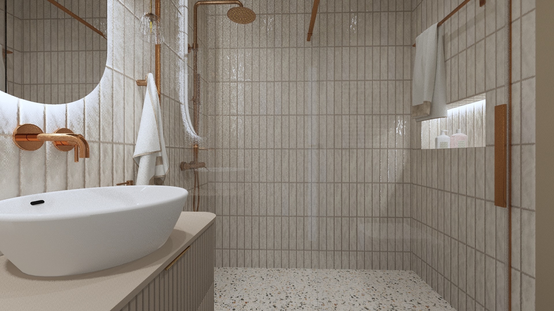 Nowoczesna łazienka z owalną umywalką, baterią w kolorze miedzi, prysznicem typu deszczownica i płytkami imitującymi cegłę w odcieniach beżu oraz terazzo na podłodze.