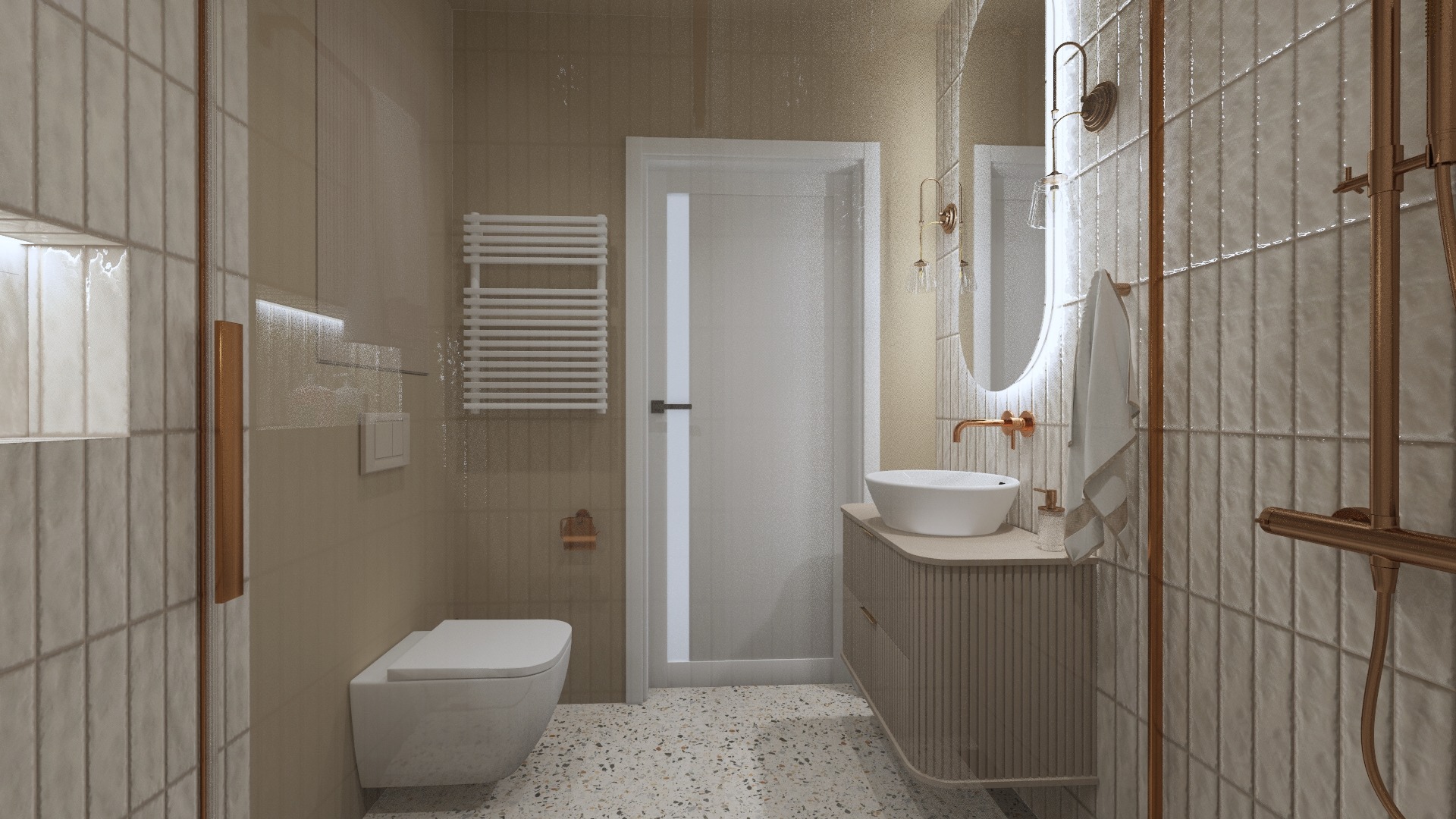 Wizualizacja nowoczesnej łazienki w beżowych tonacjach z armaturą w kolorze miedzi, okrągłym lustrem z podświetleniem LED i mozaikową podłogą.