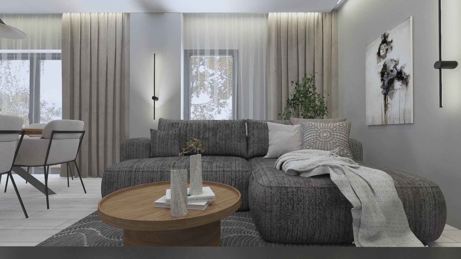 Wizualizacja salonu w odcieniach szarości z narożną sofą, okrągłym stolikiem kawowym z dekoracjami, obrazem na ścianie i zasłonami w tle.