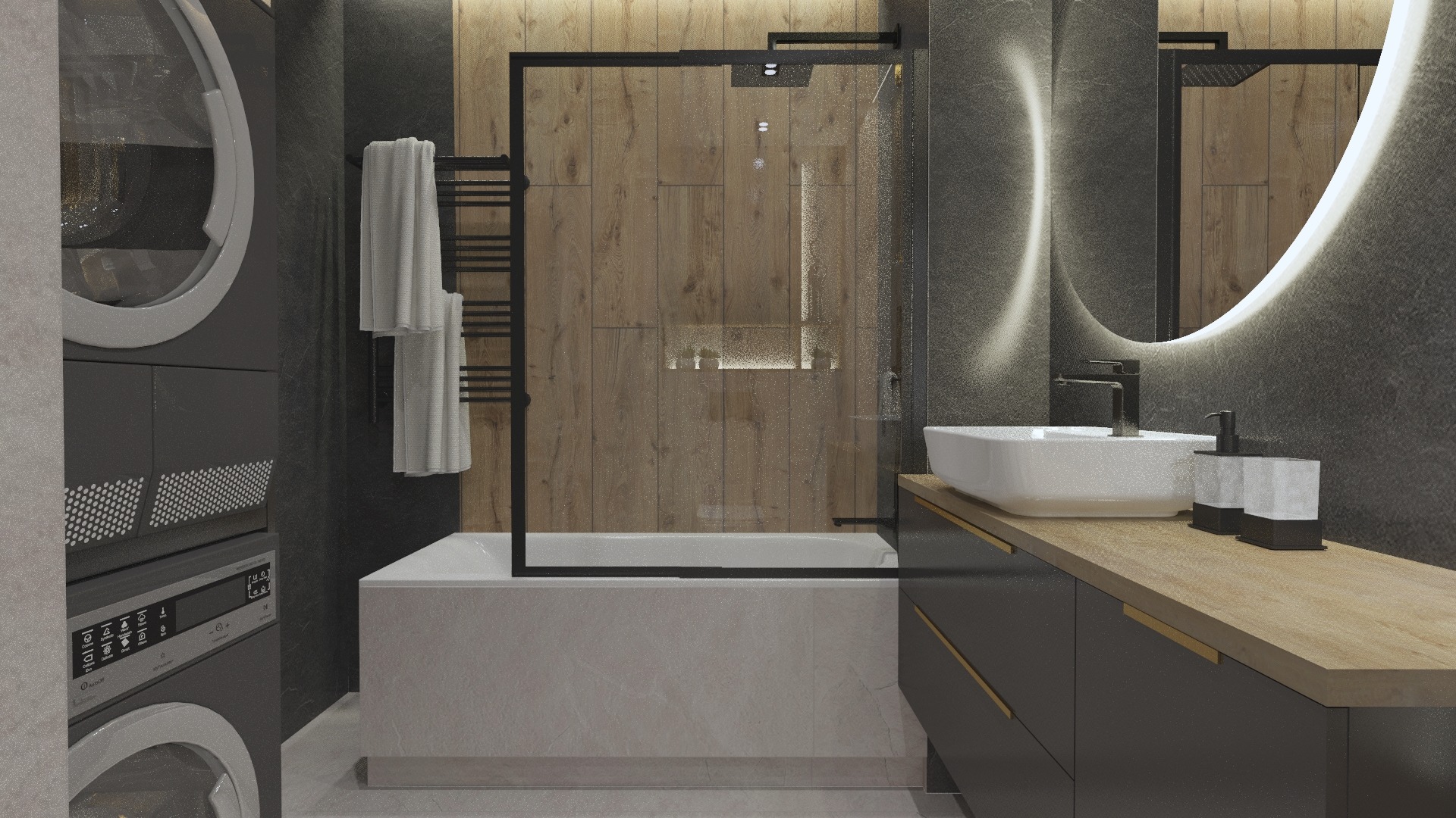 Nowoczesna łazienka z pralką w odcieniach szarości, drewna i bieli. Umywalka nablatowa, podświetlane lustro, kabina prysznicowa z czarną ramą i grzejnik drabinkowy z ręcznikami.