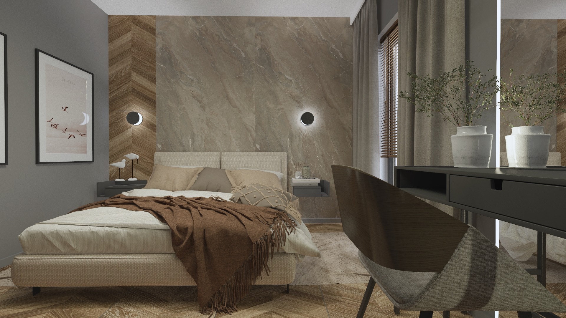 Nowoczesna sypialnia z łóżkiem w beżowej tapicerce, brązowym pledem i dekoracyjnymi poduszkami, drewnianą ścianą w jodełkę, marmurową ścianą, czarnymi lampami ściennymi oraz stolikiem z roślinami...