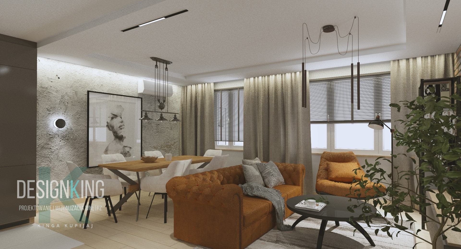 Wizualizacja salonu z jadalnią: brązowa sofa Chesterfield, drewniany stół z białymi krzesłami, szara ściana z plakatem portretowym, okna z żaluzjami i zasłonami, oraz rośliny doniczkowe.