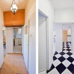 Porównanie korytarza: po lewej stan przed remontem z brązowymi płytkami podłogowymi i drewnianą szafką pod sufitem, po prawej odnowiony korytarz z czarno-białą szachownicą na podłodze i białą...