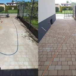 Porem - Porównanie stanu kostki brukowej przed i po czyszczeniu, widoczny wąż ciśnieniowy i różnica w kolorze kostki po umyciu.
