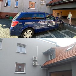 Porem - Dwukondygnacyjny budynek z szarą elewacją, widoczne dwa klimatyzatory na ścianie, zaparkowany niebieski samochód z napisem 'Wysokościowe mycie' oraz otwarta brama garażowa, w tle kobieta.