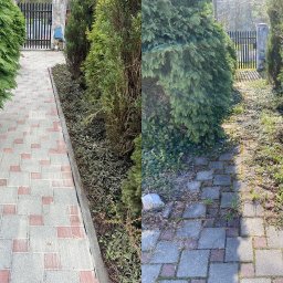 Porem - Porównanie stanu kostki brukowej przed i po czyszczeniu, widoczna różnica w kolorze i czystości, kostka po lewej stronie jest czysta i ma intensywne kolory, a po prawej jest brudna i pokryta mchem.