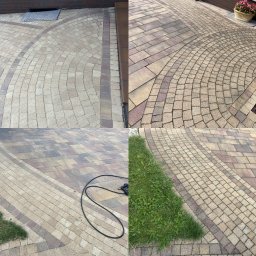 Porem - Umyta i czysta kostka brukowa ułożona w łukowaty wzór, widoczna różnica w kolorze po czyszczeniu, fragment trawnika i wąż od myjki ciśnieniowej.