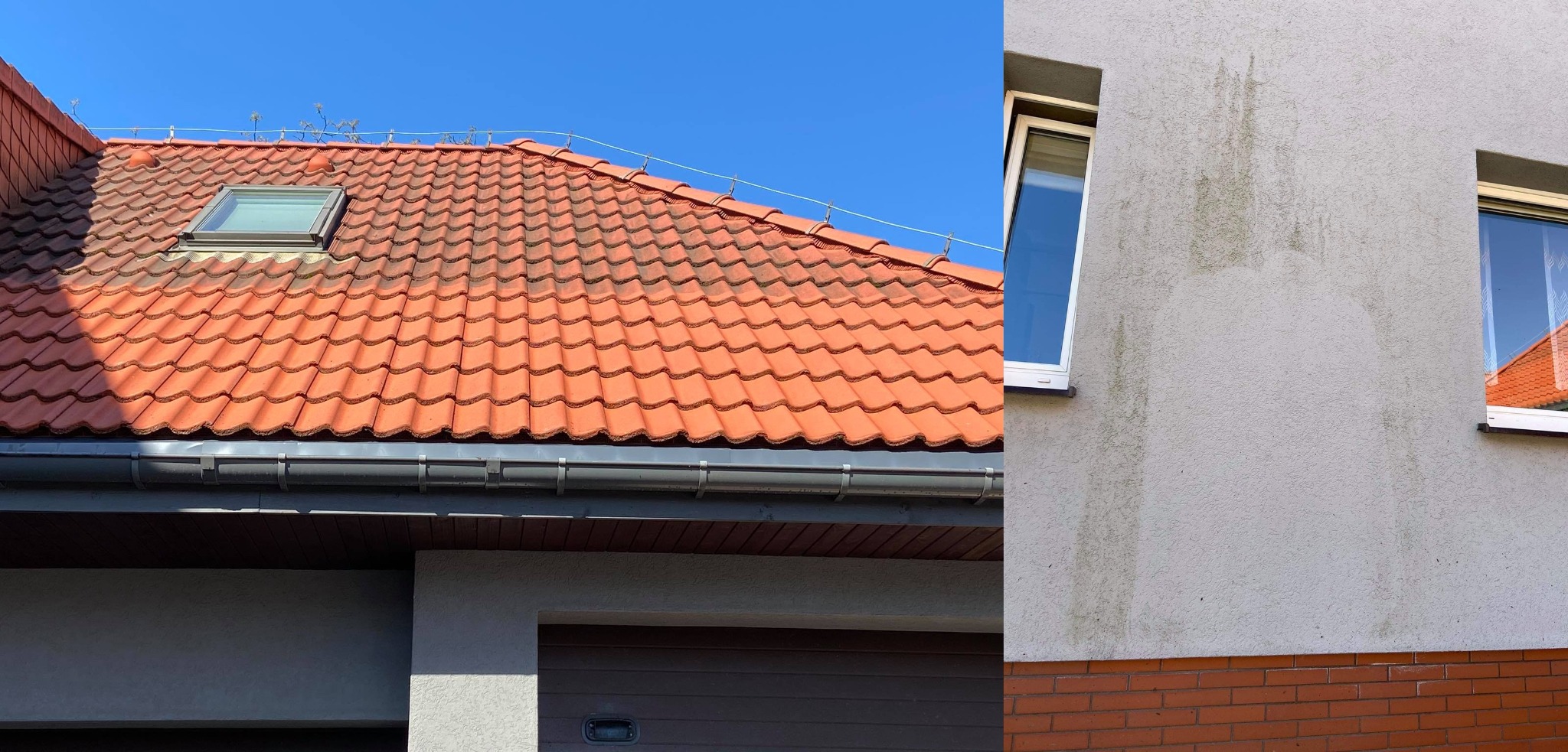 Fragment domu z widoczną brudną elewacją w kolorze szarym, z zaciekami pod oknami, oraz pomarańczowym dachem z dachówki ceramicznej i widocznymi rynnami.