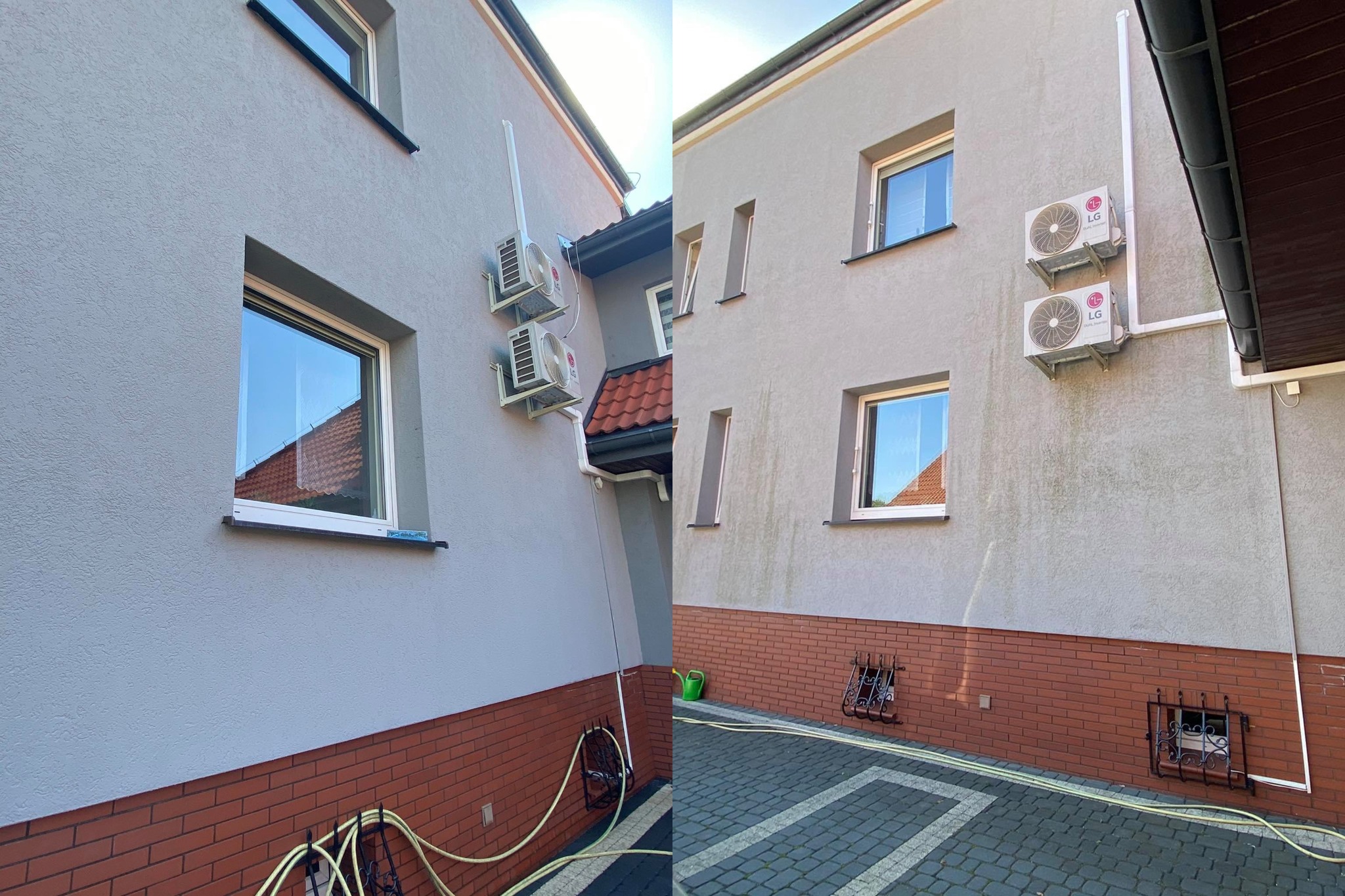 Porównanie elewacji budynku przed i po myciu: widoczne różnice w czystości szarej elewacji z dwoma klimatyzatorami LG, czerwona ceglana podmurówka, okna z białymi ramami oraz kostka brukowa...