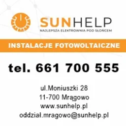 Grafika reklamowa firmy Sunhelp z Mrągowa oferującej instalacje, adres, telefon i adres e-mail.
