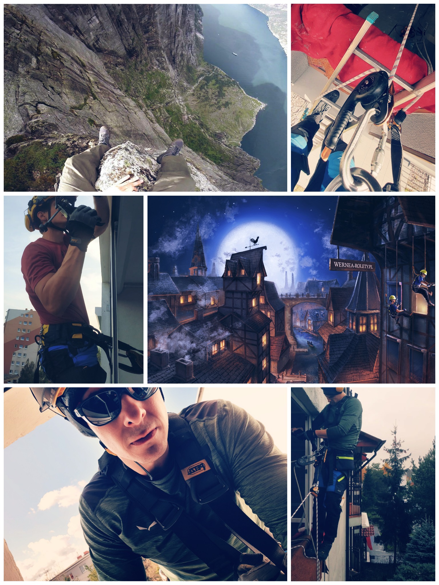 Montażysta w uprzęży alpinistycznej, pracujący na wysokości przy oknie; widoczne elementy zabezpieczeń, liny, kask i budynek w tle. Na kolażu widok z góry na przepaść, sprzęt alpinistyczny...