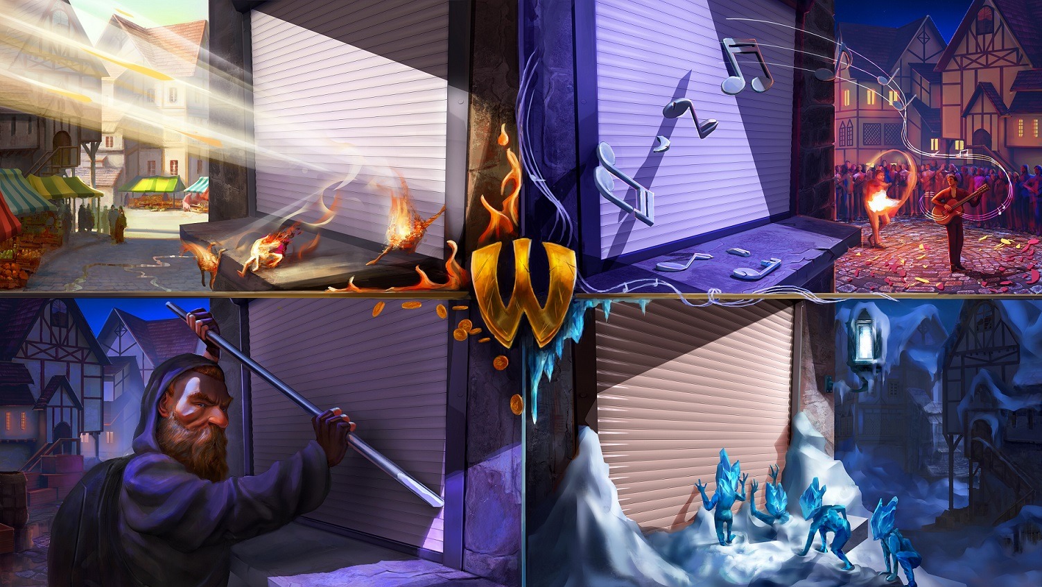 Ilustracja przedstawiająca rolety zewnętrzne w czterech różnych sceneriach: średniowieczny rynek w płomieniach, nocna serenada z nutami, lodowa kraina z kryształowymi figurkami i postać z włócznią.