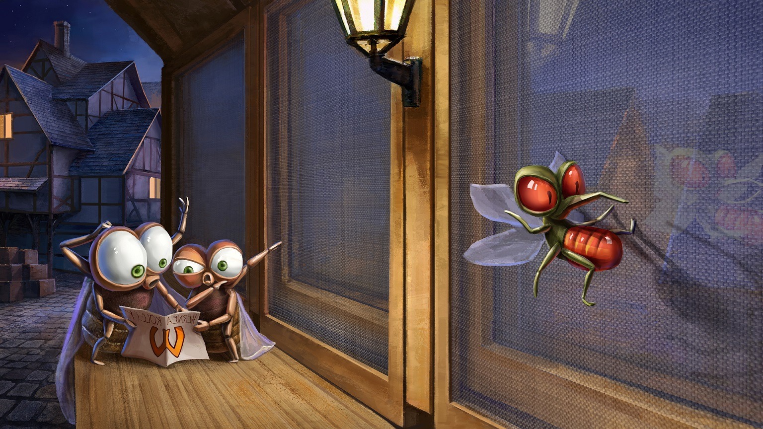 Kreskówkowa ilustracja przedstawiająca trzy muchy czytające ulotkę reklamową z napisem 'Tanie rolety' i literą 'W' w oknie z moskitierą, na której siedzi inna mucha.