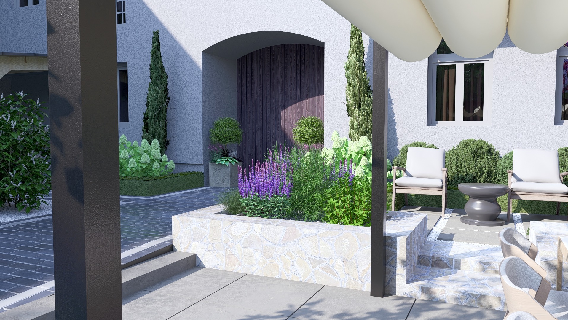 Stylowy ogród z podwyższonymi rabatami z kamienia, fioletowymi kwiatami i meblami ogrodowymi. Widoczny fragment pergoli i zadbana zieleń.