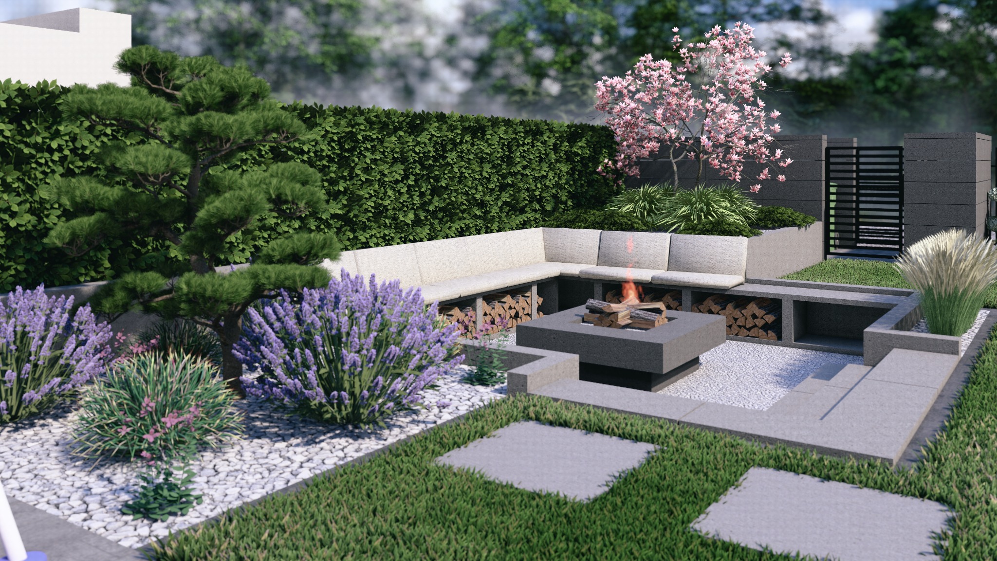 Nowoczesny ogród z paleniskiem otoczonym siedziskami, lawendą i ozdobnymi drzewami. Kamienne ścieżki prowadzą przez trawnik. Tło stanowi zielony żywopłot.