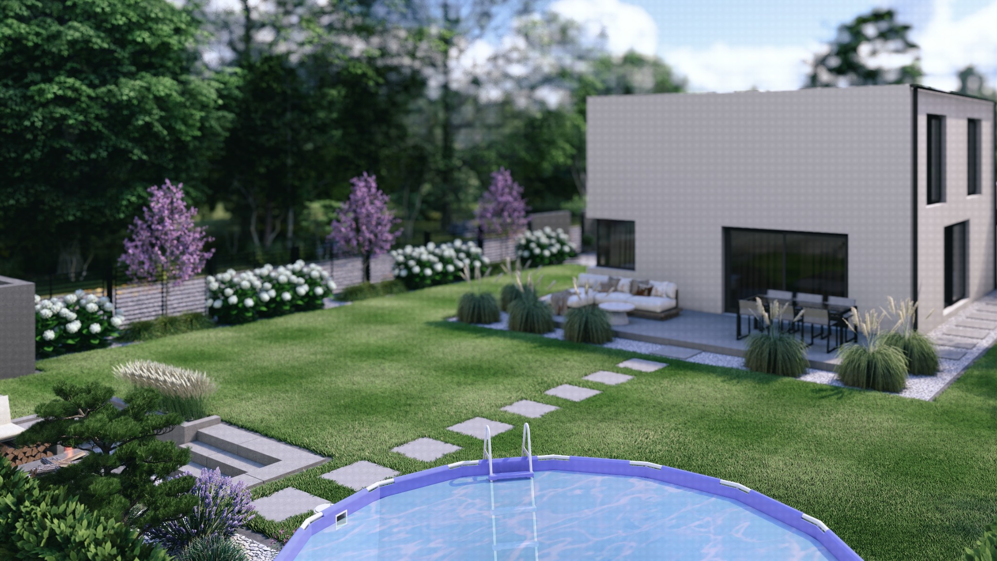 Projekt ogrodu z basenem, nowoczesnym domem i starannie dobraną roślinnością: drzewa, krzewy, trawa. Ścieżka z płyt prowadzi do domu. Wizualizacja 3D.