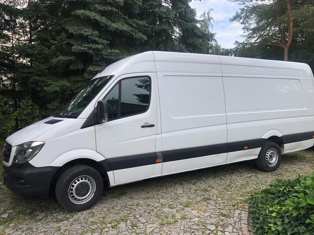 Biały samochód dostawczy typu furgon marki Mercedes-Benz Sprinter zaparkowany na brukowanej powierzchni z zielenią w tle.