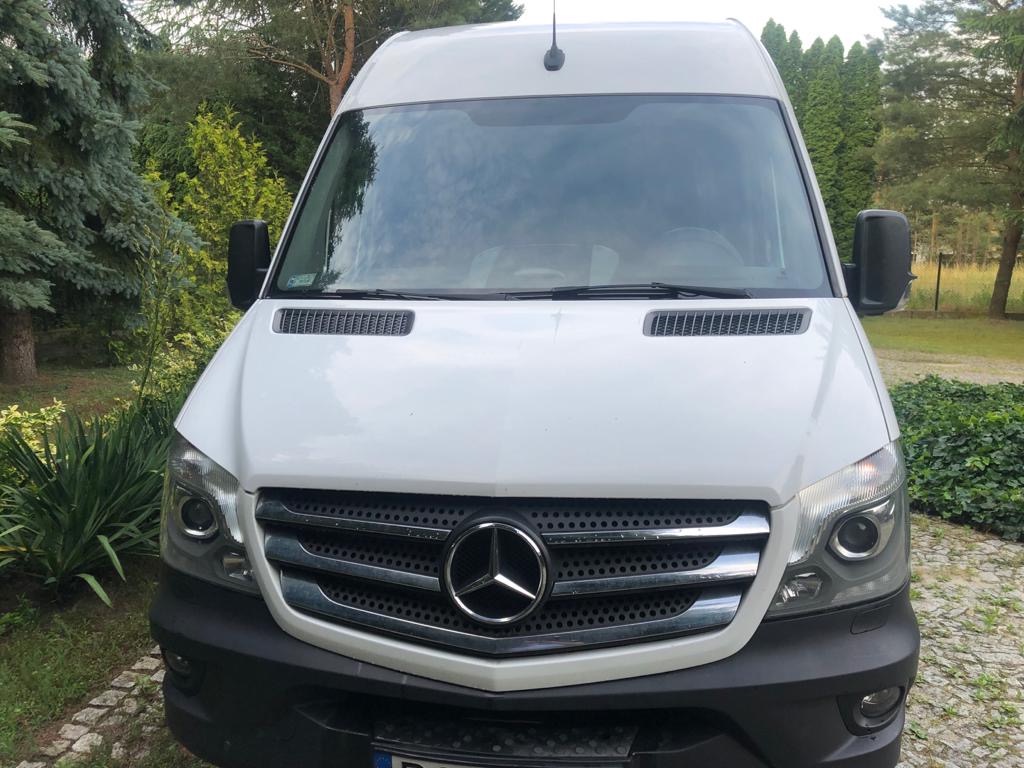 Przód białego busa marki Mercedes-Benz Sprinter z widocznym logo na tle zieleni drzew i krzewów.