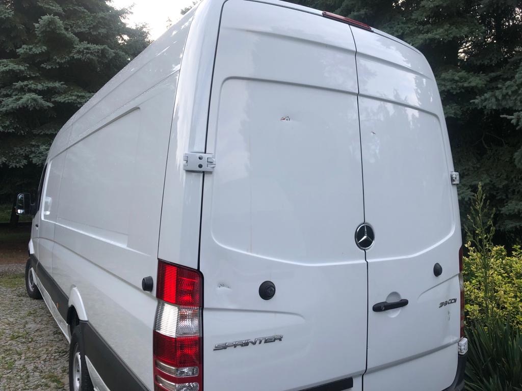 Biały samochód dostawczy Mercedes-Benz Sprinter z widocznymi drzwiami tylnymi i logo, zaparkowany na zewnątrz na tle zieleni.