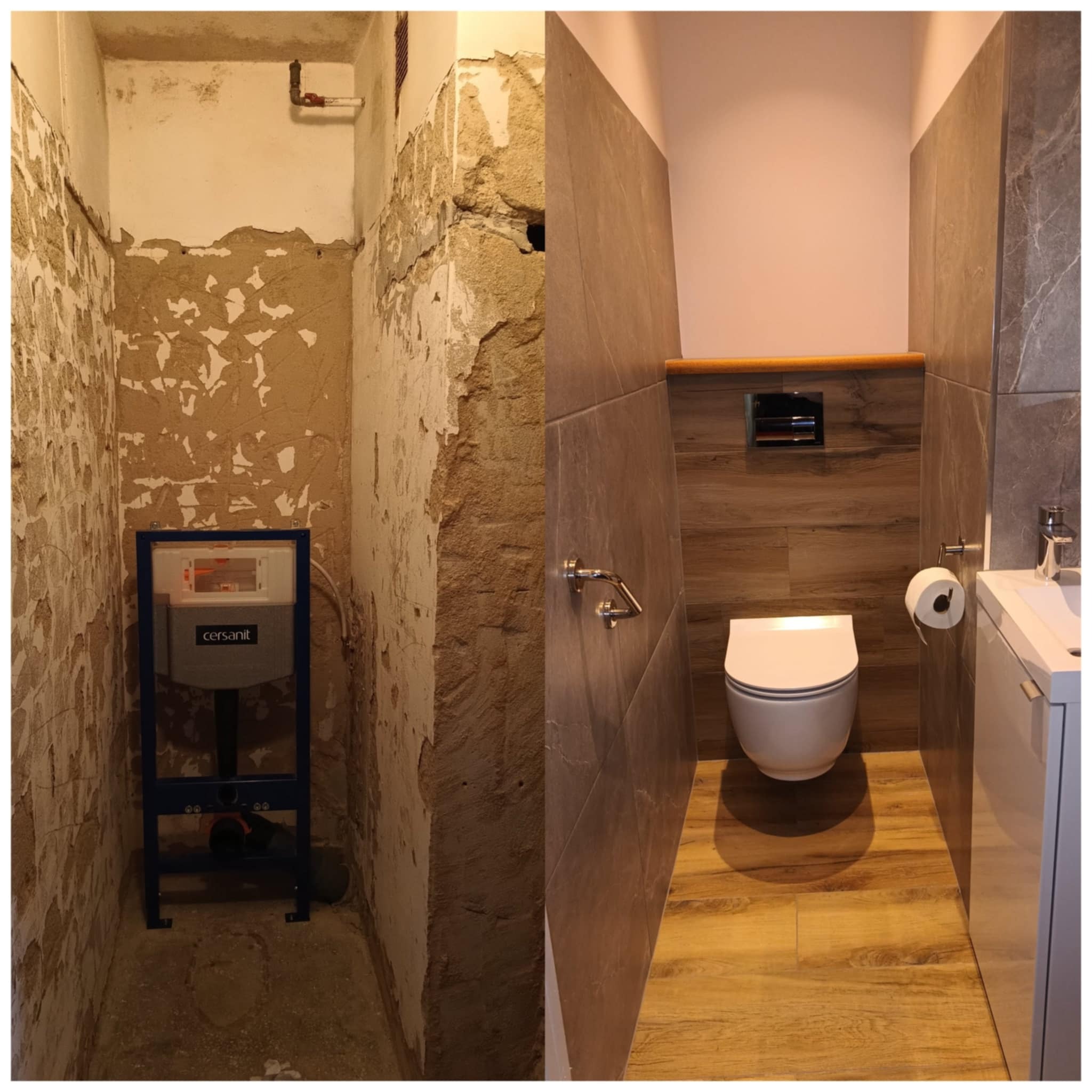Porównanie stanu WC przed i po: surowe ściany z instalacją podtynkową Cersanit zestawione z wykończoną łazienką z szarymi płytkami imitującymi marmur, drewnopodobną podłogą i wiszącą toaletą.