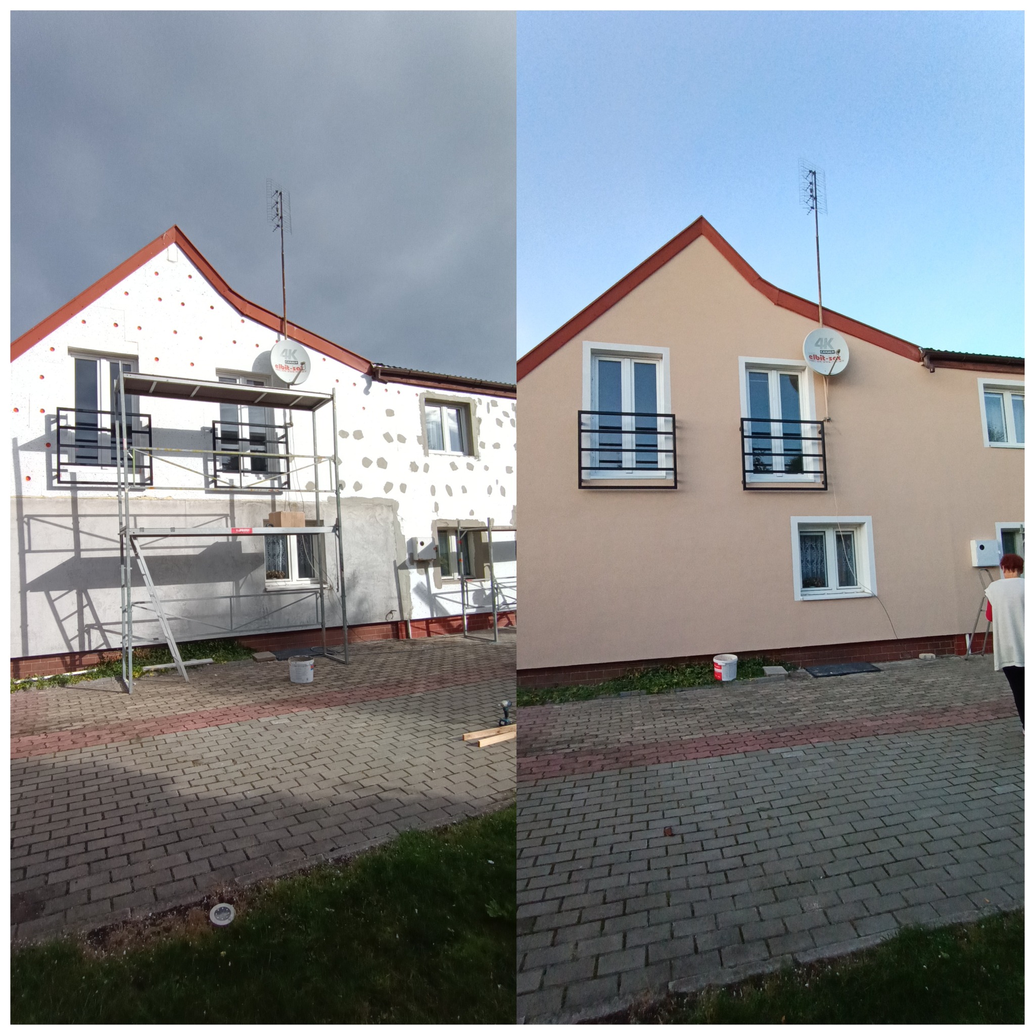Porównanie elewacji domu przed i po ociepleniu i nałożeniu tynku, widoczne rusztowanie i przygotowane ściany oraz efekt końcowy z oknami z barierkami
