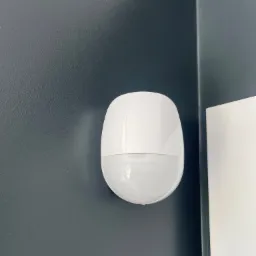 Biały czujnik ruchu zamontowany na ciemnoszarej ścianie, widoczny fragment białej listwy przypodłogowej po prawej stronie.