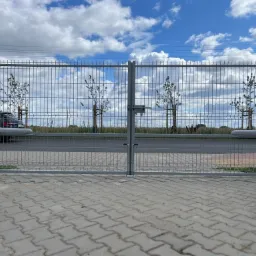 Szara, metalowa brama dwuskrzydłowa z automatyką, widziana od strony kostki brukowej, z młodymi drzewkami w tle i fragmentem zaparkowanego samochodu.